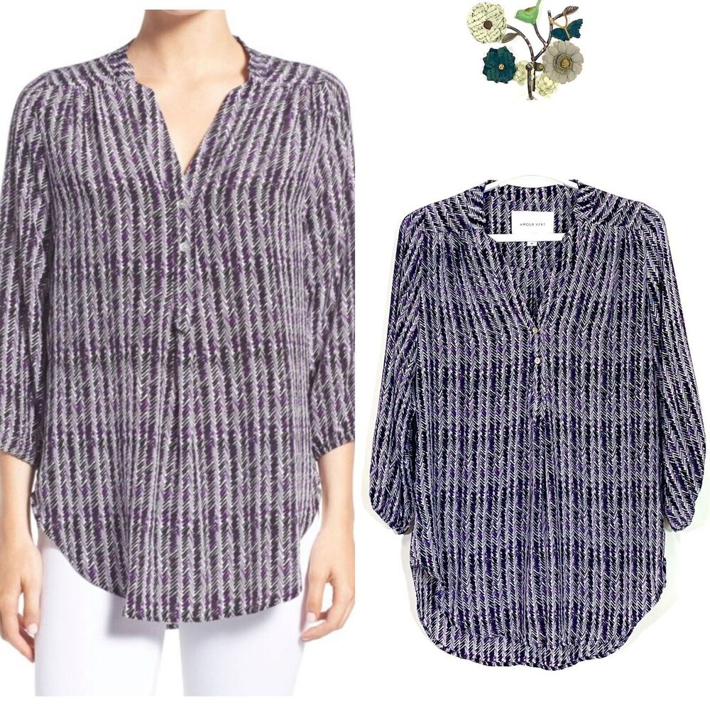 Amour Vert Crepe De Chine Silk Dash Print Blouse Tunic Size Medium Purple Black